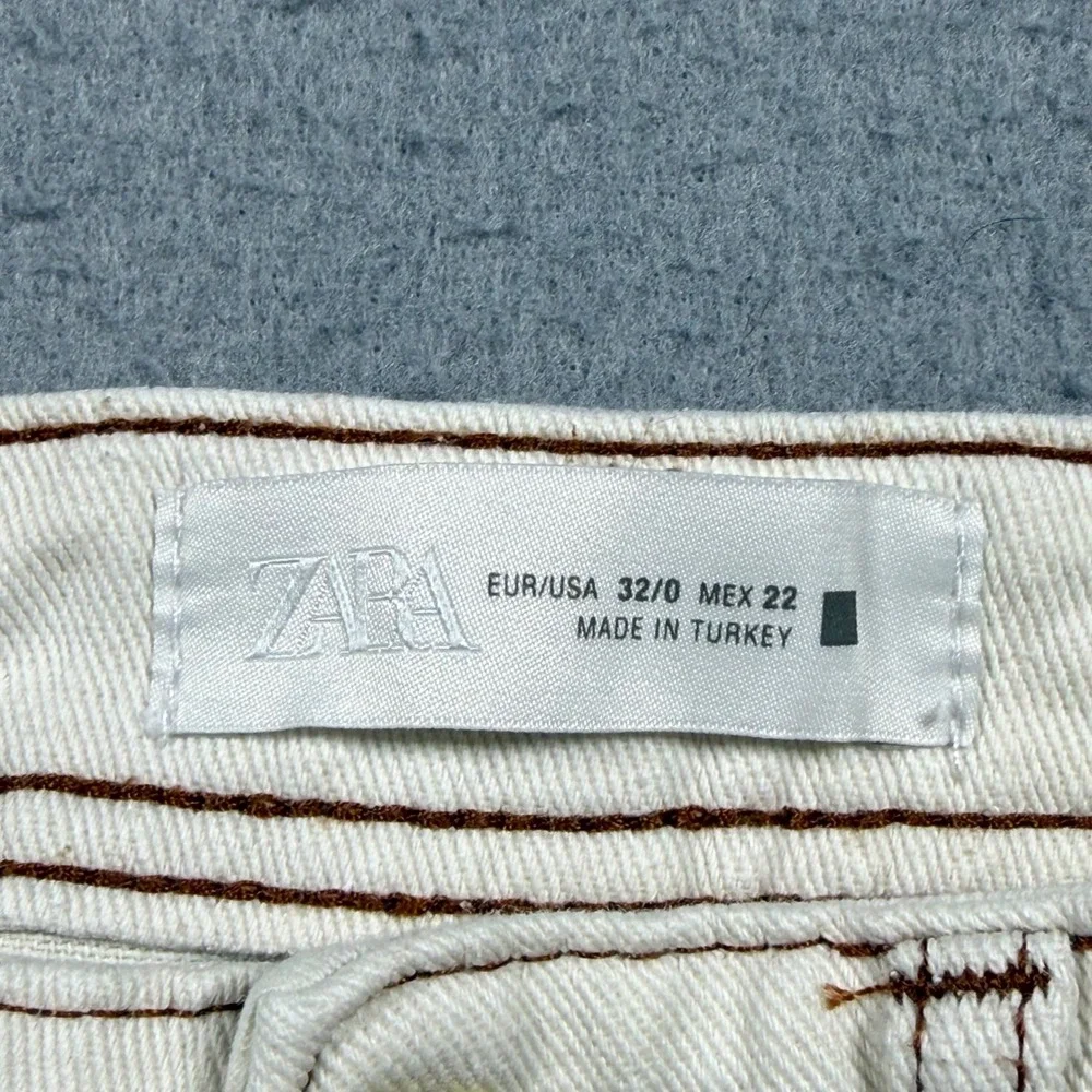 Zara Womens Cream Wide Leg Pants Contrast Stitch Cotton Linen Blend Size 0